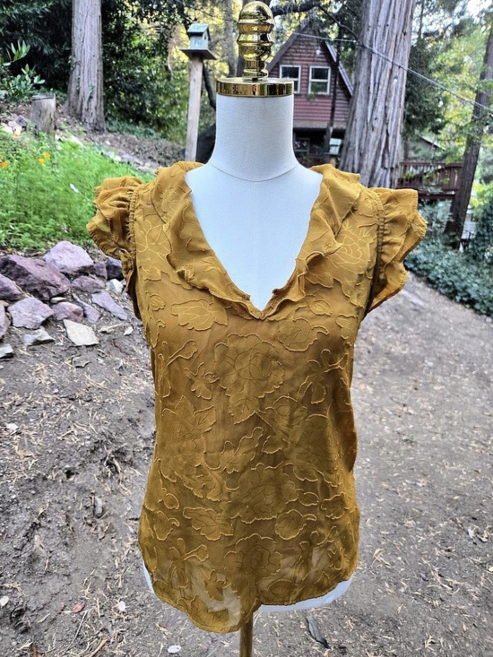 Haver London Autumn Fall Leaves Design Mustard Yellow Ruffle Blouse